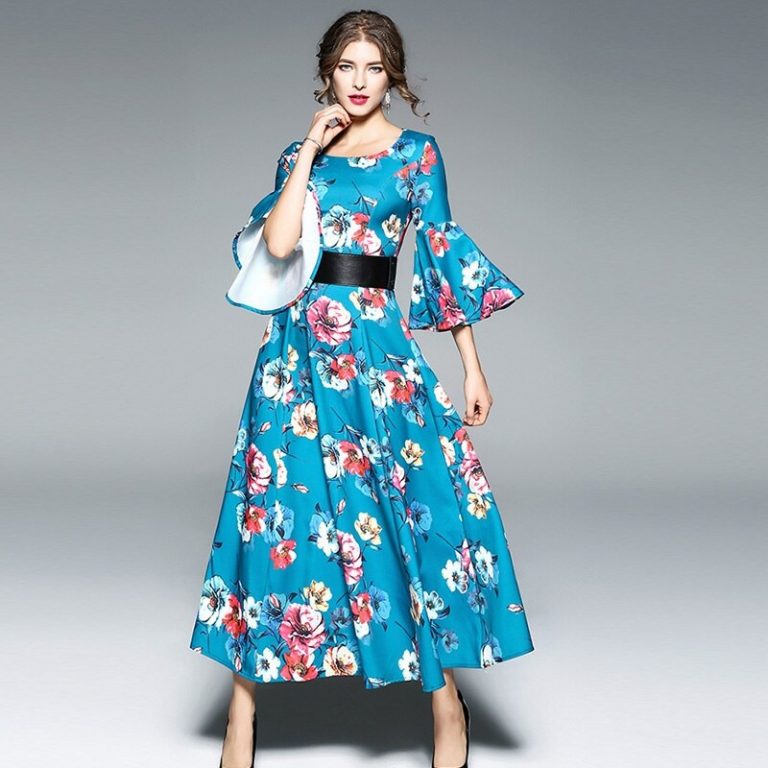 Vintage Floral Print Butterfly Sleeve Long Dress - Image 5