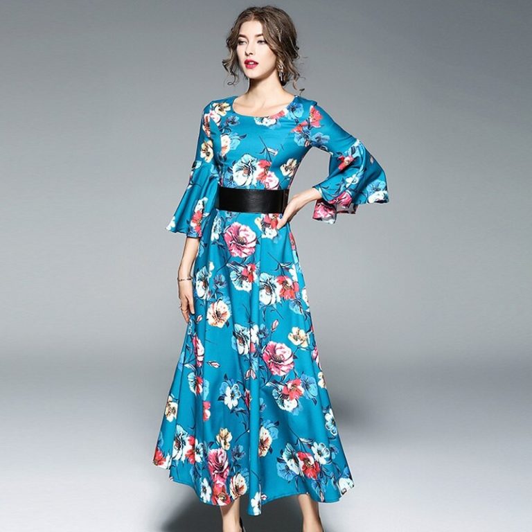 Vintage Floral Print Butterfly Sleeve Long Dress
