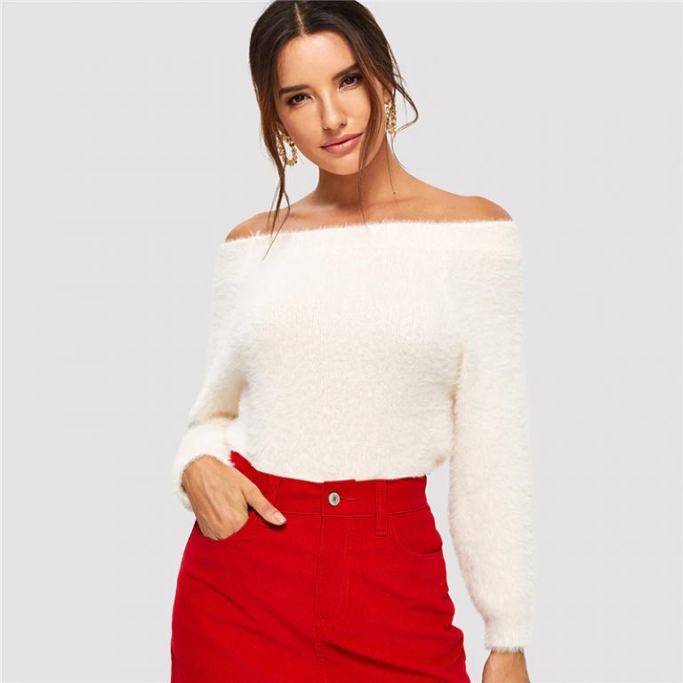 Off The Shoulder Long Sleeve Elegant Fuzzy Sweater
