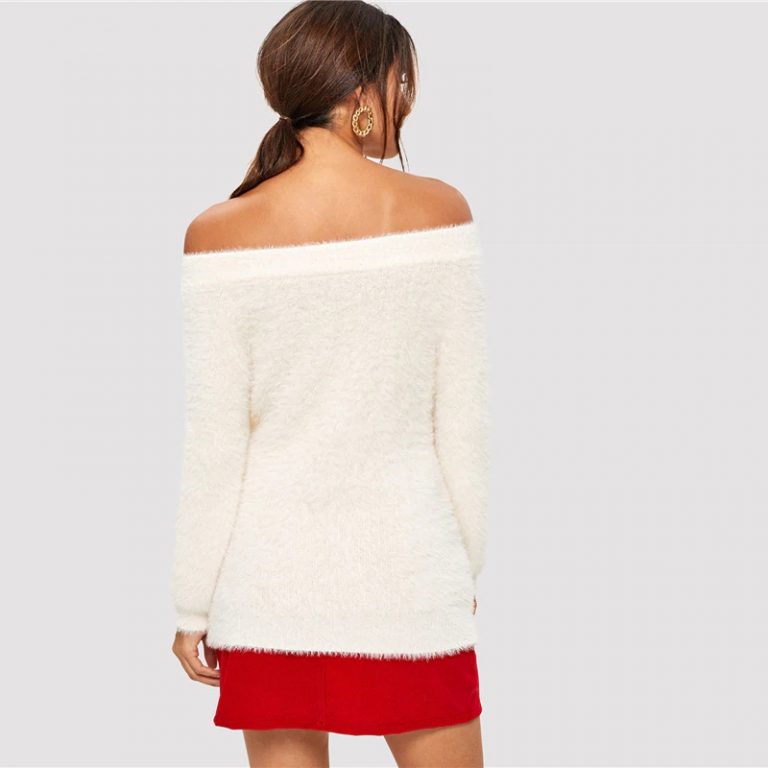 Off The Shoulder Long Sleeve Elegant Fuzzy Sweater - Image 2