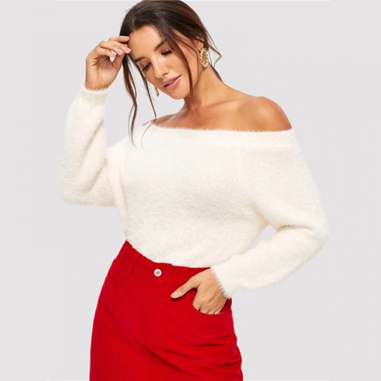 Off The Shoulder Long Sleeve Elegant Fuzzy Sweater - Image 4