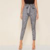 Plaid Paperbag Waist Self Belted Office Ladies Skinny Pants