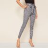 Plaid Paperbag Waist Self Belted Office Ladies Skinny Pants - Image 3