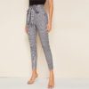 Plaid Paperbag Waist Self Belted Office Ladies Skinny Pants - Image 4