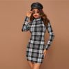 Plaid Stand Collar Elegant Bodycon Mini Dress - Image 4