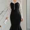 Two Tone Long Sleeves Ruffles Retro V Neck Layered Body Conscious Bodycon Dresses