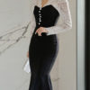 Two Tone Long Sleeves Ruffles Retro V Neck Layered Body Conscious Bodycon Dresses - Image 2
