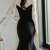 Two Tone Long Sleeves Ruffles Retro V Neck Layered Body Conscious Bodycon Dresses - Image 3