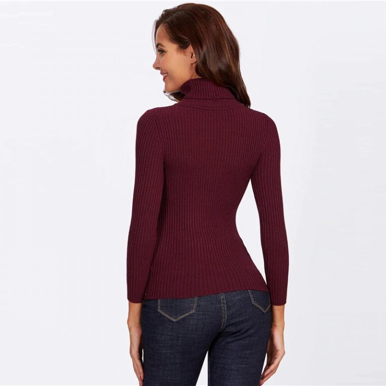 Rolled Neck Ribbed Knit Fitting Long Sleeve Basic Skinny Sweaters - Image 2