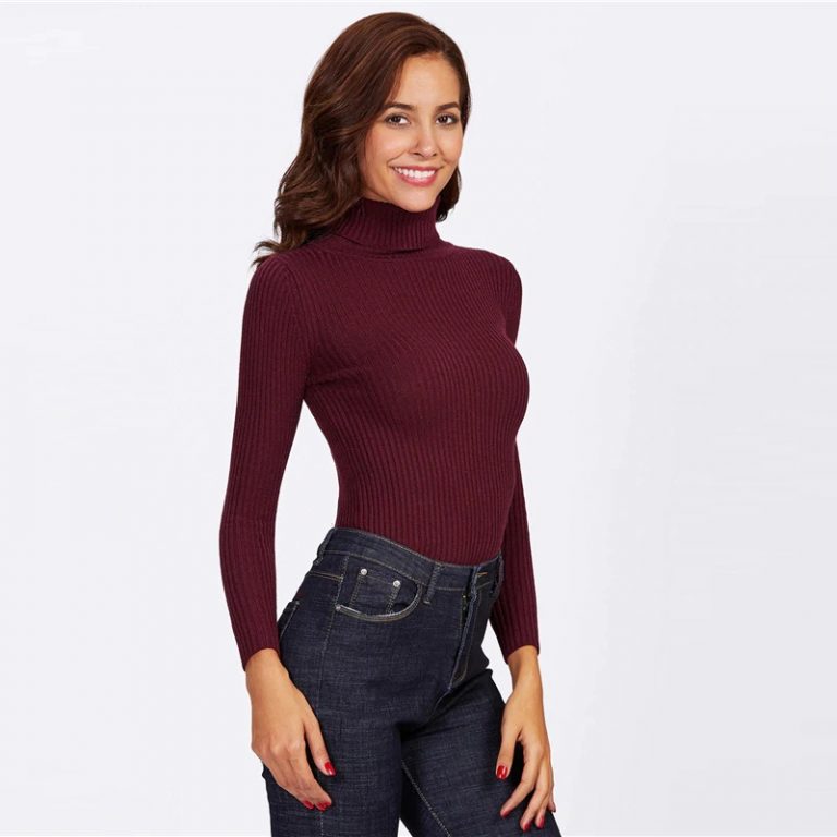 Rolled Neck Ribbed Knit Fitting Long Sleeve Basic Skinny Sweaters - Image 3