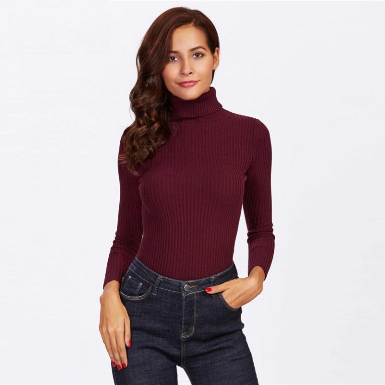 Rolled Neck Ribbed Knit Fitting Long Sleeve Basic Skinny Sweaters - Image 4
