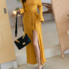 Long Sleeves Off The Shoulder Split Front Asymmetrical Cotton Maxi Dresses