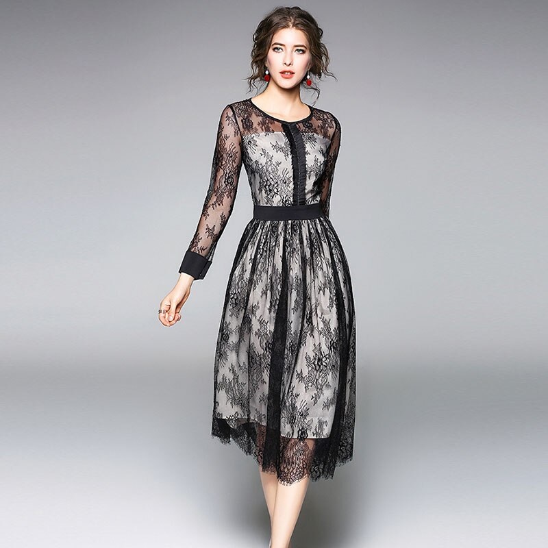 Mesh Hollow Out Elegant Floral Lace Sexy Long Dress - Image 2