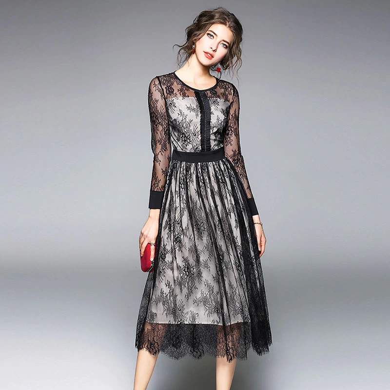 Mesh Hollow Out Elegant Floral Lace Sexy Long Dress - Image 6