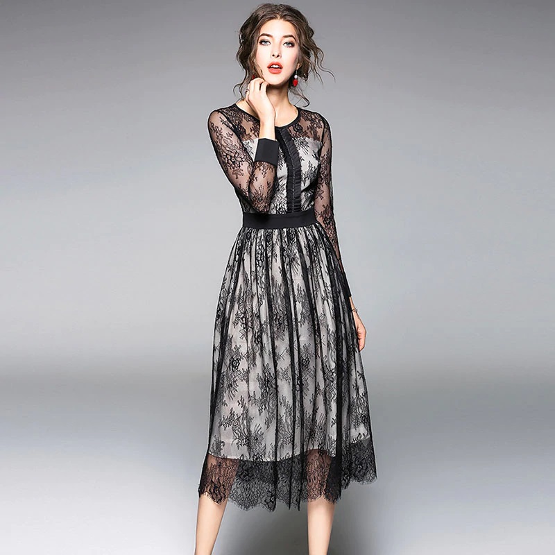 Mesh Hollow Out Elegant Floral Lace Sexy Long Dress - Image 5
