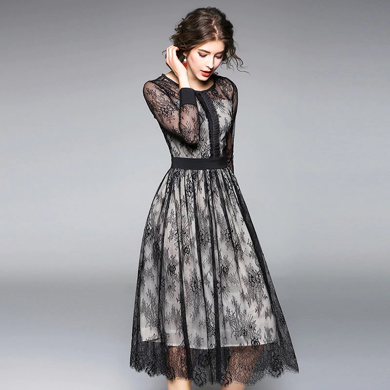 Mesh Hollow Out Elegant Floral Lace Sexy Long Dress - Image 4