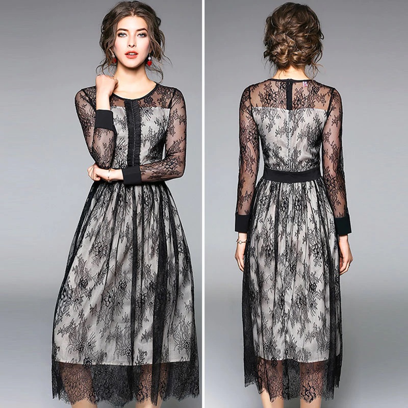 Mesh Hollow Out Elegant Floral Lace Sexy Long Dress - Image 3