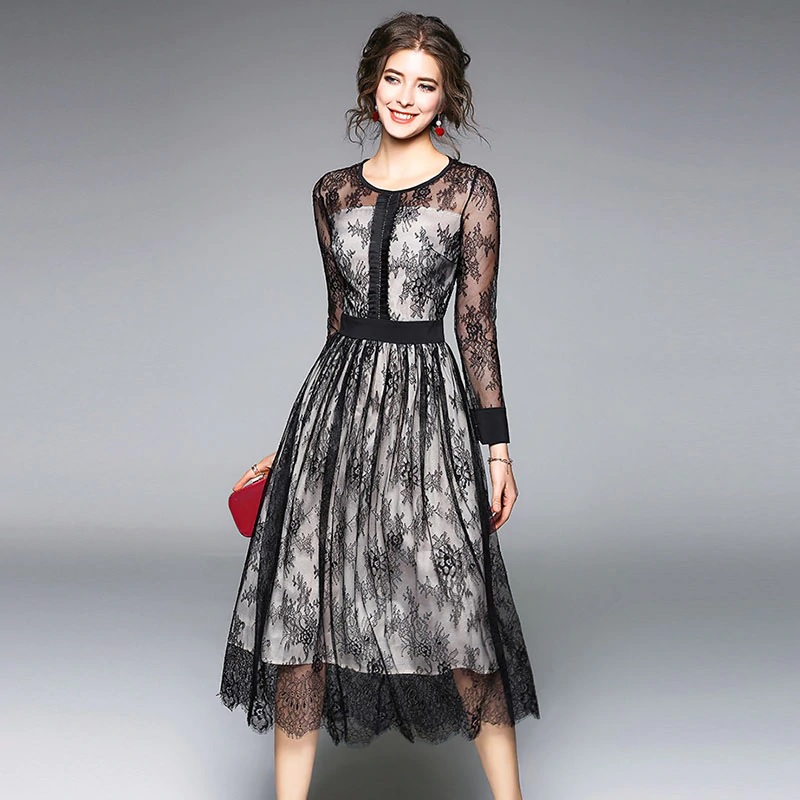 Mesh Hollow Out Elegant Floral Lace Sexy Long Dress