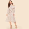 Vintage Foldover Ruffle One-Shoulder Bishop Sleeve Belted Dress