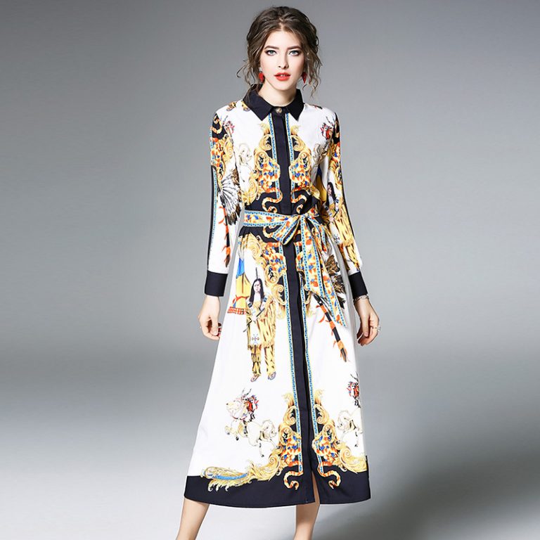 Vintage Turn-down Collar Ankle-Length Streetwear long dress