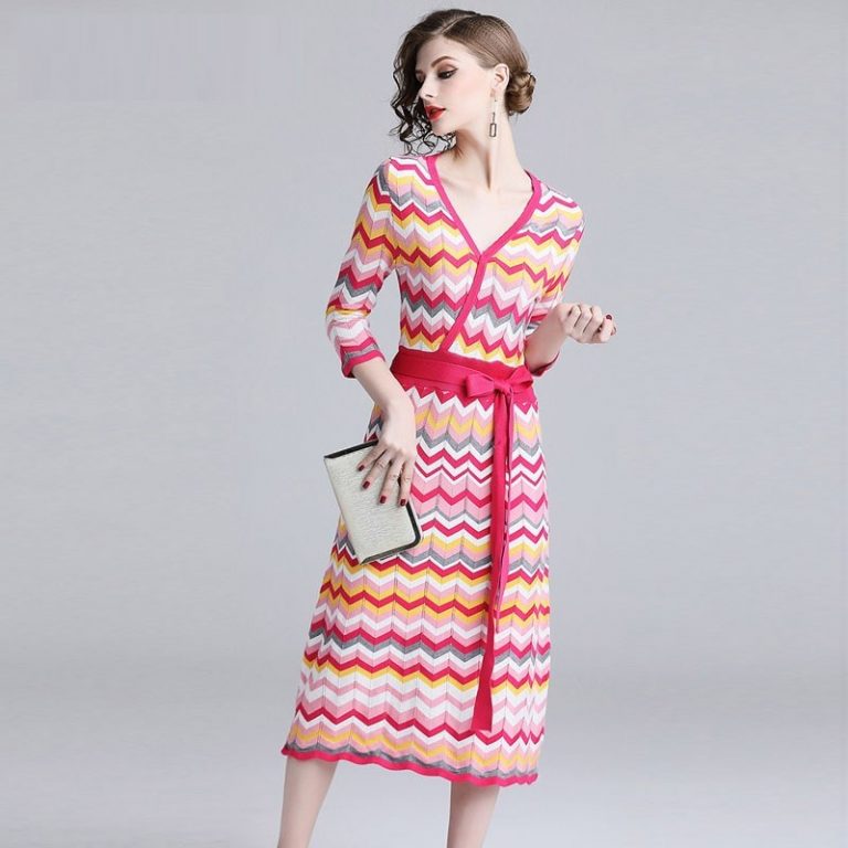 Vintage Elegant knitting Rainbow Striped Sweater dress