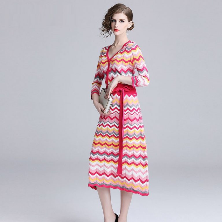 Vintage Elegant knitting Rainbow Striped Sweater dress - Image 2