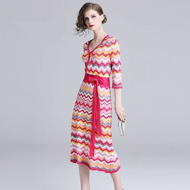 Vintage Elegant knitting Rainbow Striped Sweater dress - Image 3
