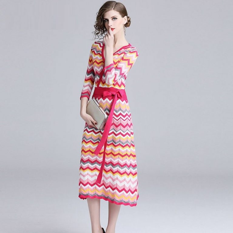 Vintage Elegant knitting Rainbow Striped Sweater dress - Image 4