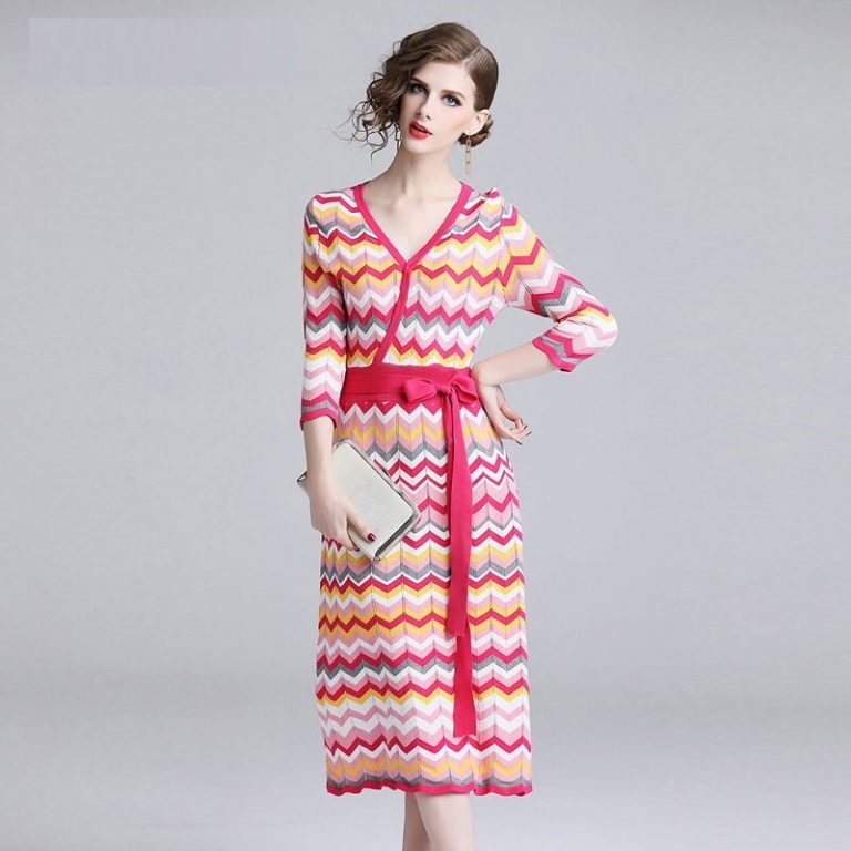 Vintage Elegant knitting Rainbow Striped Sweater dress - Image 5