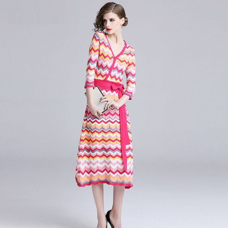 Vintage Elegant knitting Rainbow Striped Sweater dress - Image 6