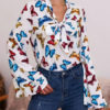 Embellished Collar Retro Floral Print Bows Long Sleeves Tops