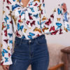 Embellished Collar Retro Floral Print Bows Long Sleeves Tops - Image 3