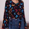 Embellished Collar Retro Floral Print Bows Long Sleeves Tops - Image 5