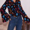 Embellished Collar Retro Floral Print Bows Long Sleeves Tops - Image 6