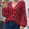 Embellished Collar Knotted Retro Polka Dot Long Sleeves Tops