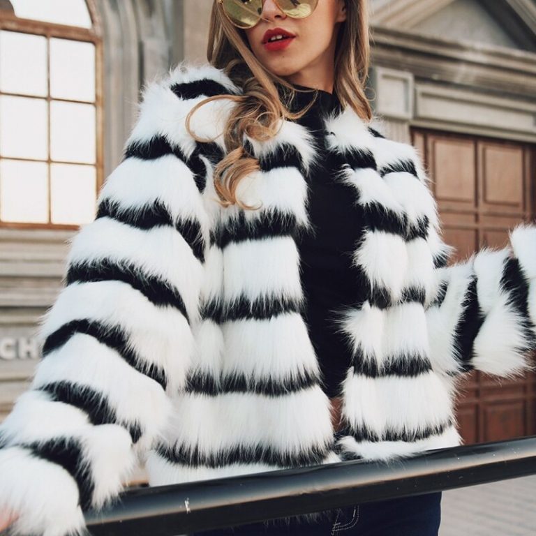 Plus size Elegant Striped Faux Fur Warm Jacket