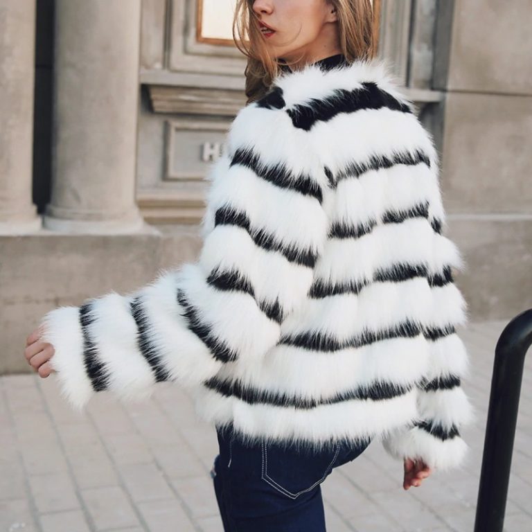 Plus size Elegant Striped Faux Fur Warm Jacket - Image 2