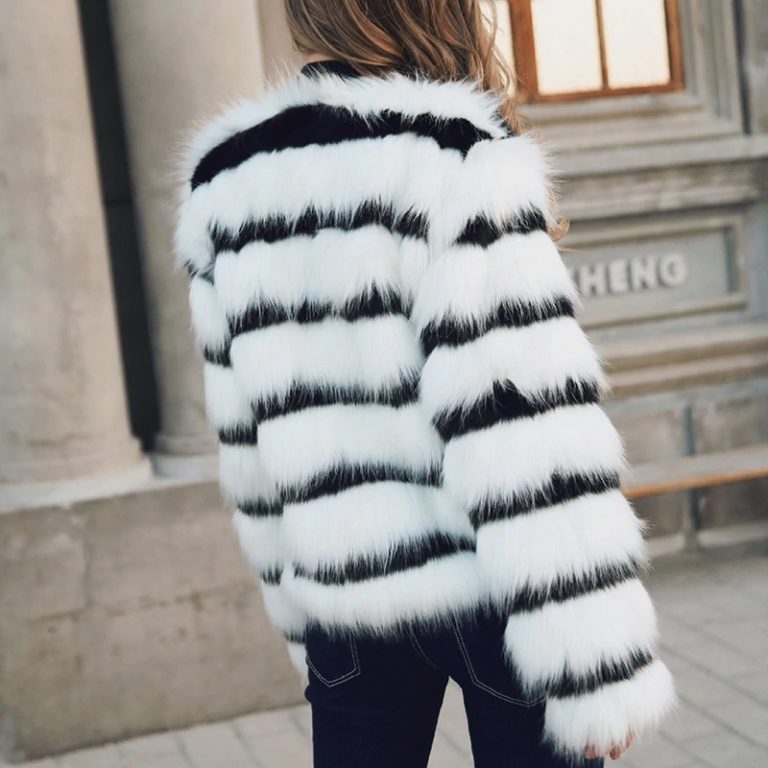 Plus size Elegant Striped Faux Fur Warm Jacket - Image 3