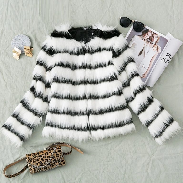 Plus size Elegant Striped Faux Fur Warm Jacket - Image 4