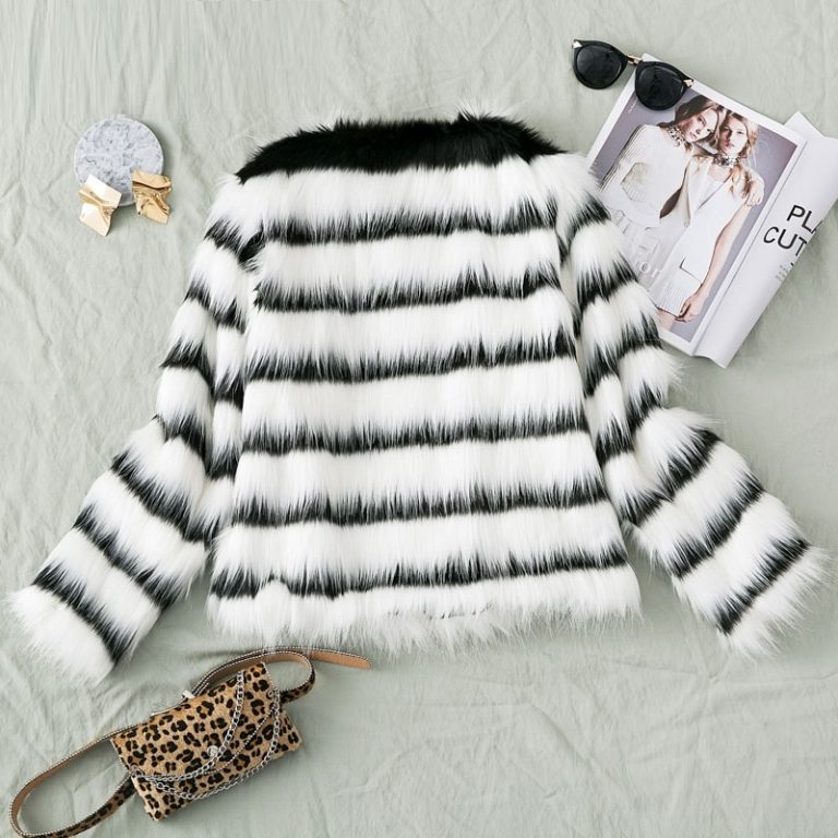 Plus size Elegant Striped Faux Fur Warm Jacket - Image 5