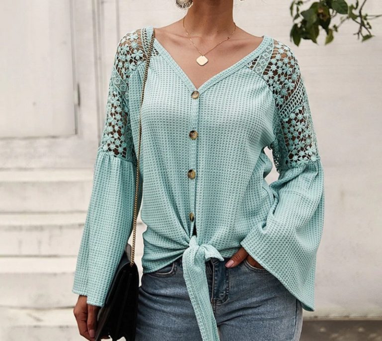 Elegant  Sexy v-neck Lace Stitching Loose Sleeve Office Top Shirt