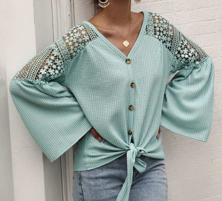 Elegant  Sexy v-neck Lace Stitching Loose Sleeve Office Top Shirt - Image 2