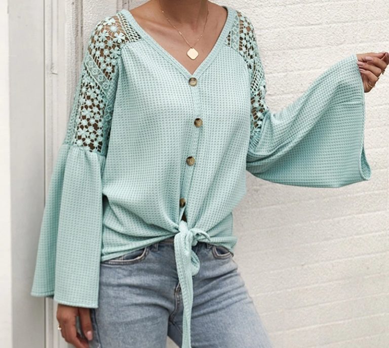 Elegant  Sexy v-neck Lace Stitching Loose Sleeve Office Top Shirt - Image 3