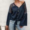 Elegant  Sexy v-neck Lace Stitching Loose Sleeve Office Top Shirt - Image 4