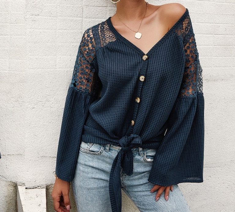 Elegant  Sexy v-neck Lace Stitching Loose Sleeve Office Top Shirt - Image 4