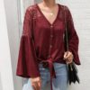 Elegant  Sexy v-neck Lace Stitching Loose Sleeve Office Top Shirt - Image 5