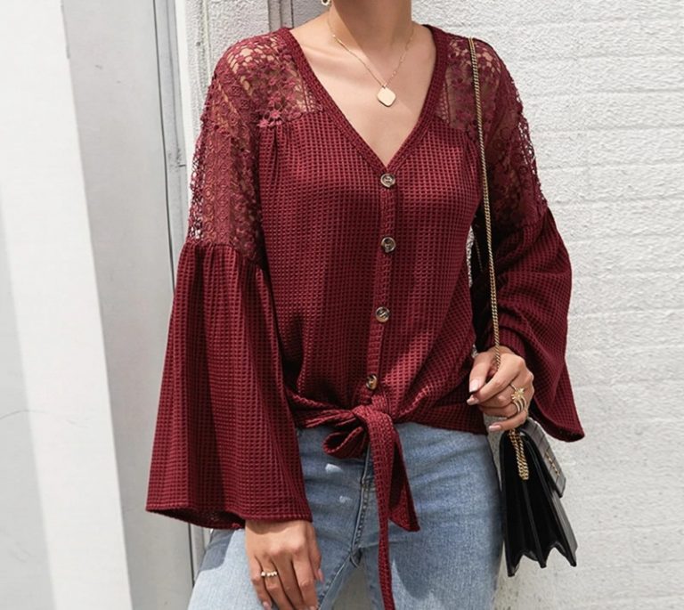 Elegant  Sexy v-neck Lace Stitching Loose Sleeve Office Top Shirt - Image 5