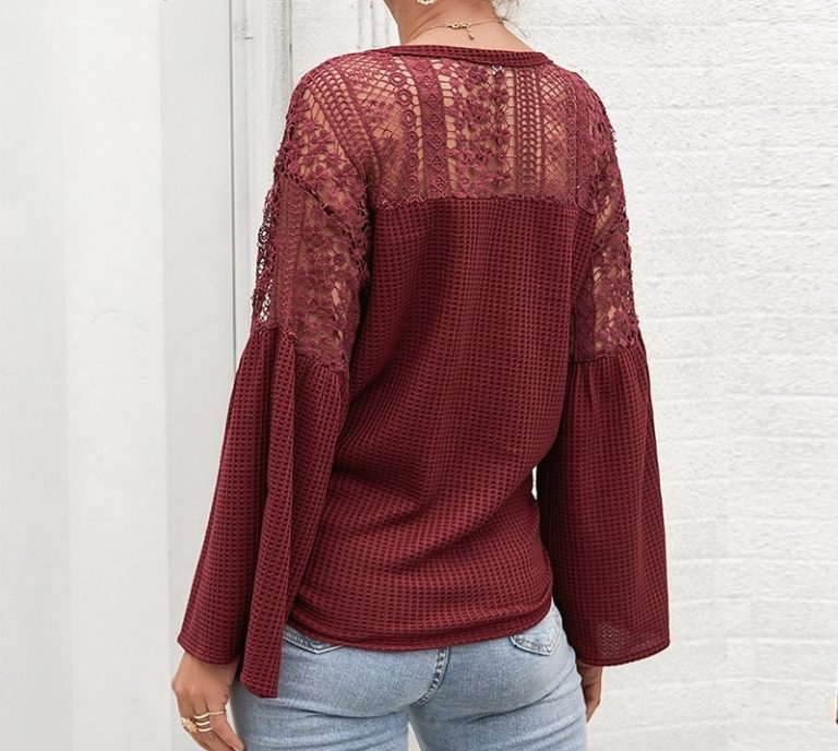 Elegant  Sexy v-neck Lace Stitching Loose Sleeve Office Top Shirt - Image 6