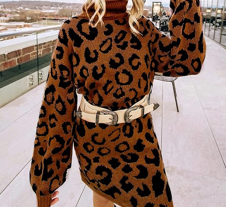 Elegant Leopard Print Turtleneck Short Party Swearter Dress - Image 2