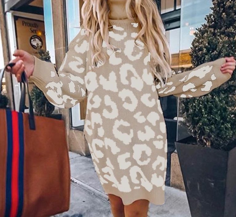 Elegant Leopard Print Turtleneck Short Party Swearter Dress - Image 3